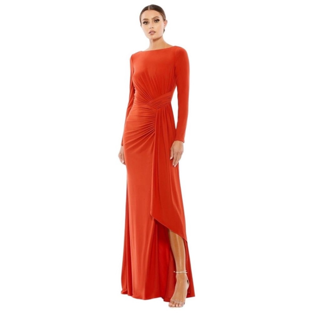 Mac Duggal jersey gown draped long sleeve gown new with tag brick red
